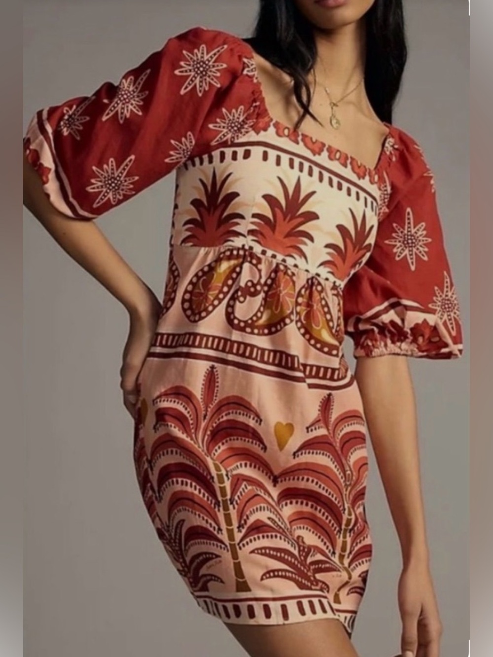 ARRIVED! NWOT Farm Rio for Anthropology Square Neck Linen Puff Sleeve Dress - Picture 2 of 8